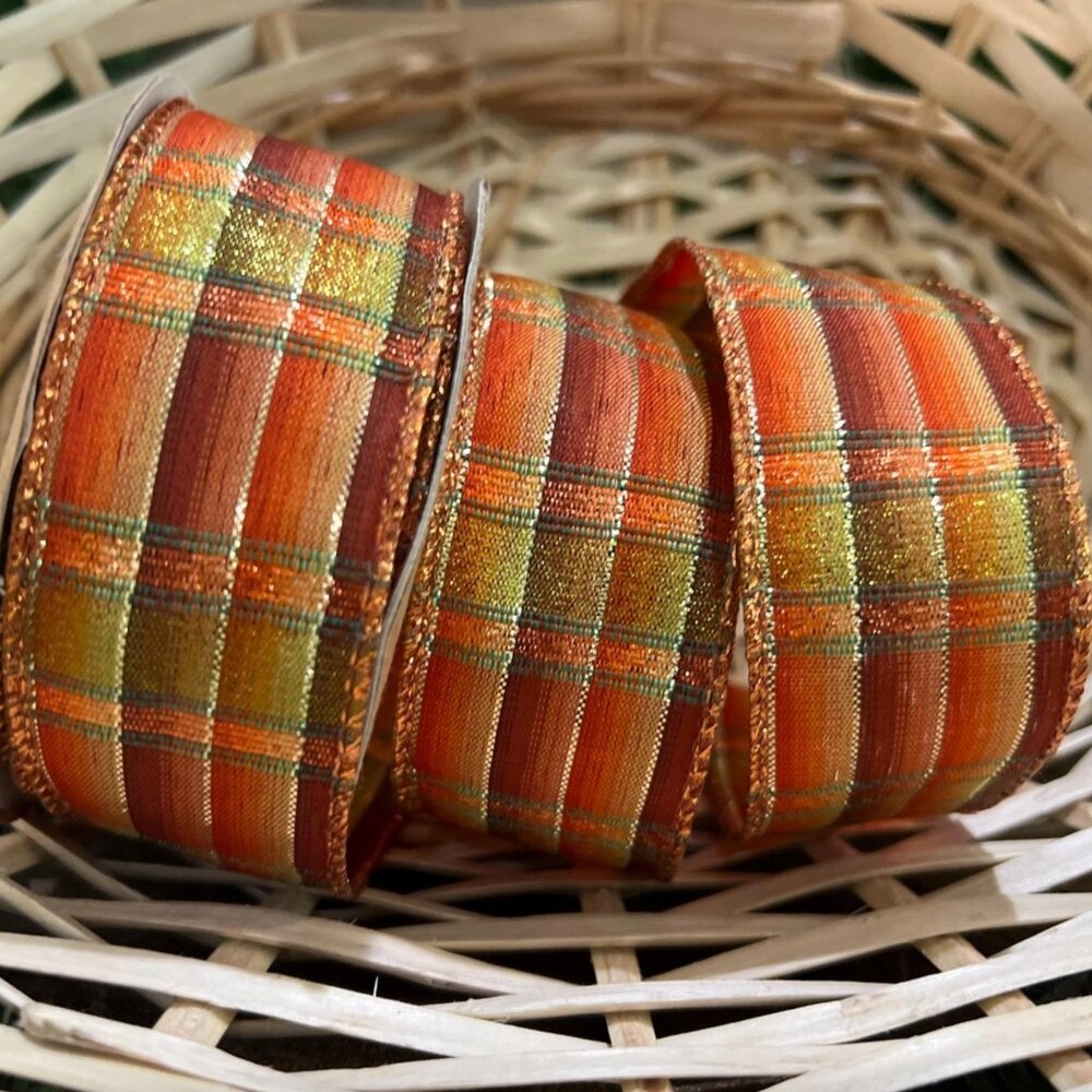Metallic Orange Plaid Wired Edge Fall Theme Ribbon 1 1/2 in Craft Supplies